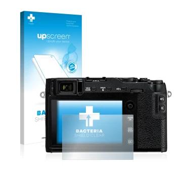 Vorderseite einer Produktverpackung mit dem Markenlogo upscreen. Daneben ist das Gerät Fujifilm X-E3 mit dem zugehörigen Displ