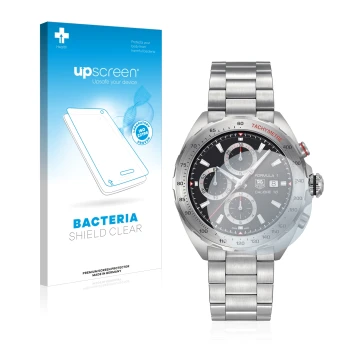 Vorderseite einer Produktverpackung mit dem Markenlogo upscreen. Daneben ist das Gerät TAG Heuer Formula 1 (44 mm) mit dem zug