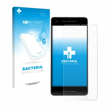 Vorderseite einer Produktverpackung mit dem Markenlogo upscreen. Daneben ist das Gerät Google Pixel 2 mit dem zugehörigen Disp