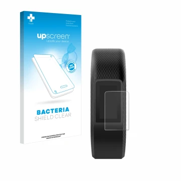 Vorderseite einer Produktverpackung mit dem Markenlogo upscreen. Daneben ist das Gerät Garmin Vivosport mit dem zugehörigen Di