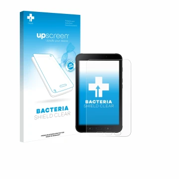 Vorderseite einer Produktverpackung mit dem Markenlogo upscreen. Daneben ist das Gerät Samsung Galaxy Tab Active 2 mit dem zug