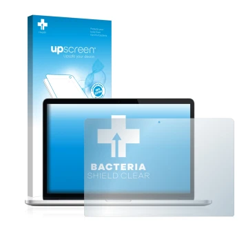 Vorderseite einer Produktverpackung mit dem Markenlogo upscreen. Daneben ist das Gerät Apple MacBook Pro Retina 15