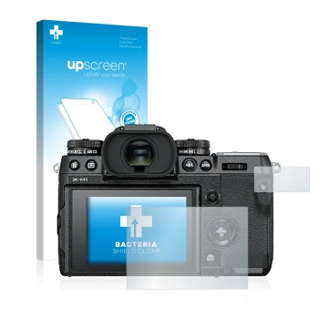 Vorderseite einer Produktverpackung mit dem Markenlogo upscreen. Daneben ist das Gerät Fujifilm X-H1 mit dem zugehörigen Displ