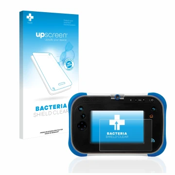 Vorderseite einer Produktverpackung mit dem Markenlogo upscreen. Daneben ist das Gerät Vtech Storio Max 2.0 mit dem zugehörige