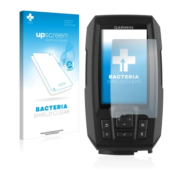 Vorderseite einer Produktverpackung mit dem Markenlogo upscreen. Daneben ist das Gerät Garmin Striker Plus 4 mit dem zugehörig