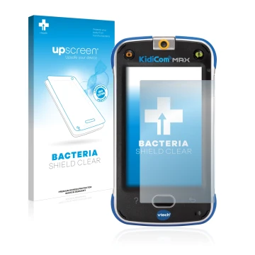 Vorderseite einer Produktverpackung mit dem Markenlogo upscreen. Daneben ist das Gerät Vtech Kidicom Max mit dem zugehörigen D