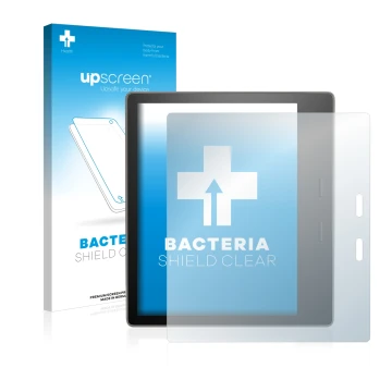 Vorderseite einer Produktverpackung mit dem Markenlogo upscreen. Daneben ist das Gerät Amazon Kindle Oasis 2017 (9. Gen.) mit 