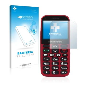 Vorderseite einer Produktverpackung mit dem Markenlogo upscreen. Daneben ist das Gerät Doro Primo 366 mit dem zugehörigen Disp