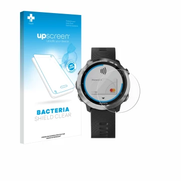 Vorderseite einer Produktverpackung mit dem Markenlogo upscreen. Daneben ist das Gerät Garmin Forerunner 645 mit dem zugehörig