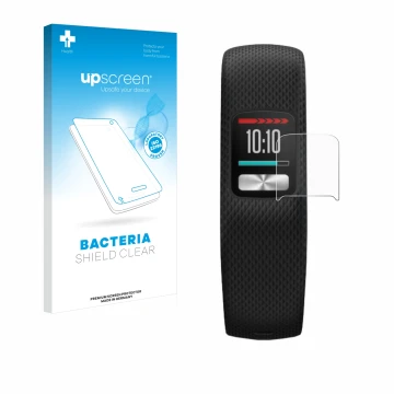 Vorderseite einer Produktverpackung mit dem Markenlogo upscreen. Daneben ist das Gerät Garmin Vivofit 4 mit dem zugehörigen Di