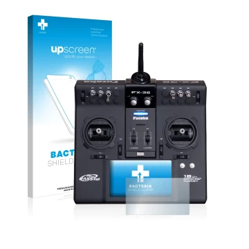 Vorderseite einer Produktverpackung mit dem Markenlogo upscreen. Daneben ist das Gerät Robbe Futaba FX-36 mit dem zugehörigen 