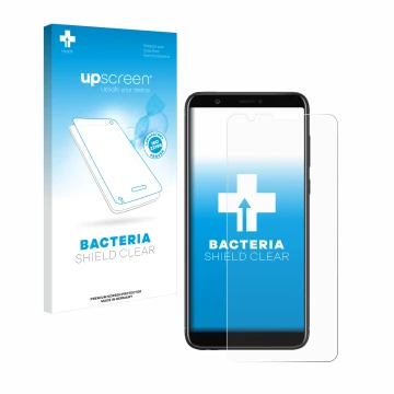 Vorderseite einer Produktverpackung mit dem Markenlogo upscreen. Daneben ist das Gerät Huawei P smart 2018 mit dem zugehörigen