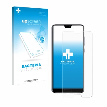 Vorderseite einer Produktverpackung mit dem Markenlogo upscreen. Daneben ist das Gerät Huawei P20 Pro mit dem zugehörigen Disp