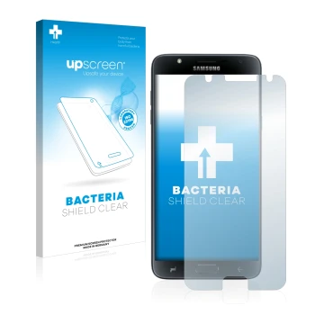 Vorderseite einer Produktverpackung mit dem Markenlogo upscreen. Daneben ist das Gerät Samsung Galaxy J7 Duo 2018 mit dem zuge