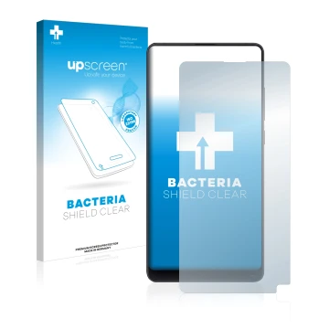 Vorderseite einer Produktverpackung mit dem Markenlogo upscreen. Daneben ist das Gerät Xiaomi Mi Mix 2S mit dem zugehörigen Di