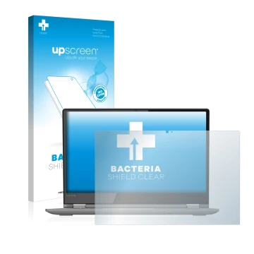 Vorderseite einer Produktverpackung mit dem Markenlogo upscreen. Daneben ist das Gerät Lenovo Yoga 530 mit dem zugehörigen Dis