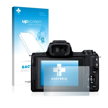 Vorderseite einer Produktverpackung mit dem Markenlogo upscreen. Daneben ist das Gerät Canon EOS M50 mit dem zugehörigen Displ