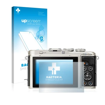 Vorderseite einer Produktverpackung mit dem Markenlogo upscreen. Daneben ist das Gerät Olympus PEN E-PL9 mit dem zugehörigen D