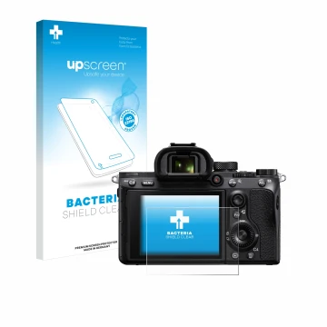 Vorderseite einer Produktverpackung mit dem Markenlogo upscreen. Daneben ist das Gerät Sony Alpha 7 III (ILCE-7M3) mit dem zug
