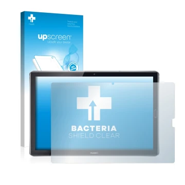 Vorderseite einer Produktverpackung mit dem Markenlogo upscreen. Daneben ist das Gerät Huawei MediaPad M5 10.8 mit dem zugehör