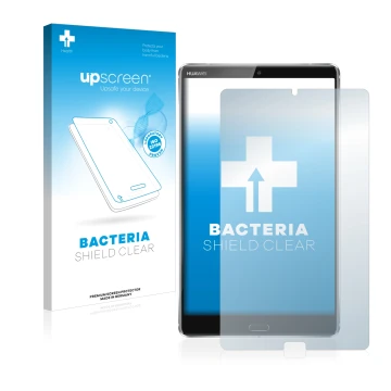 Vorderseite einer Produktverpackung mit dem Markenlogo upscreen. Daneben ist das Gerät Huawei MediaPad M5 8.4 mit dem zugehöri