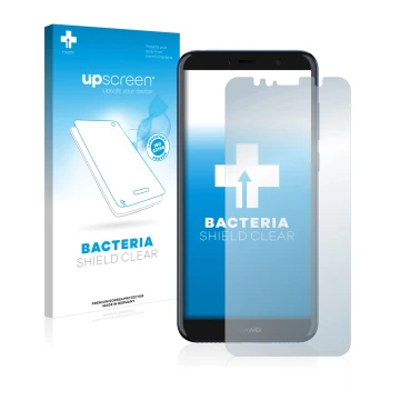 Vorderseite einer Produktverpackung mit dem Markenlogo upscreen. Daneben ist das Gerät Huawei Y6 2018 mit dem zugehörigen Disp