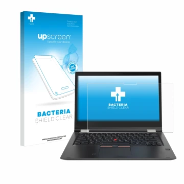 Vorderseite einer Produktverpackung mit dem Markenlogo upscreen. Daneben ist das Gerät Lenovo ThinkPad Yoga X380 mit dem zugeh
