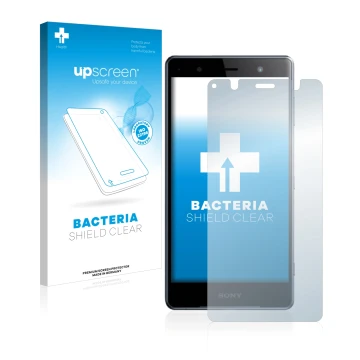 Vorderseite einer Produktverpackung mit dem Markenlogo upscreen. Daneben ist das Gerät Sony Xperia XZ2 Premium mit dem zugehör