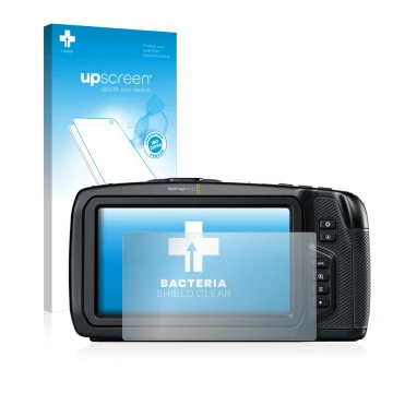 Vorderseite einer Produktverpackung mit dem Markenlogo upscreen. Daneben ist das Gerät Blackmagic Pocket Cinema Camera 4K mit 