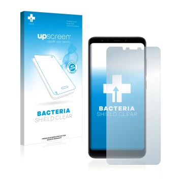 Vorderseite einer Produktverpackung mit dem Markenlogo upscreen. Daneben ist das Gerät Xiaomi Mi A2 mit dem zugehörigen Displa