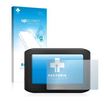 Vorderseite einer Produktverpackung mit dem Markenlogo upscreen. Daneben ist das Gerät Garmin zumo 396 LMT-S mit dem zugehörig
