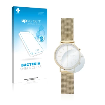 Vorderseite einer Produktverpackung mit dem Markenlogo upscreen. Daneben ist das Gerät Skagen Hybrid Smartwatch Mini Hald (34 