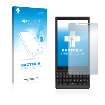 Vorderseite einer Produktverpackung mit dem Markenlogo upscreen. Daneben ist das Gerät BlackBerry Key2 mit dem zugehörigen Dis