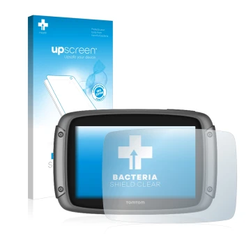 Vorderseite einer Produktverpackung mit dem Markenlogo upscreen. Daneben ist das Gerät TomTom Rider 500 mit dem zugehörigen Di