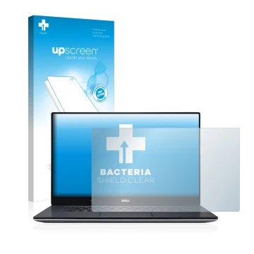 Vorderseite einer Produktverpackung mit dem Markenlogo upscreen. Daneben ist das Gerät Dell XPS 15 9560 mit dem zugehörigen Di