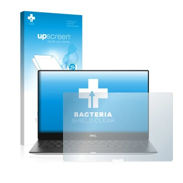 Vorderseite einer Produktverpackung mit dem Markenlogo upscreen. Daneben ist das Gerät Dell XPS 13 9370 mit dem zugehörigen Di