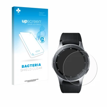 Vorderseite einer Produktverpackung mit dem Markenlogo upscreen. Daneben ist das Gerät Samsung Galaxy Watch (46 mm) mit dem zu