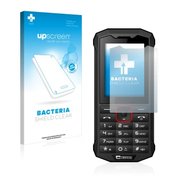 Vorderseite einer Produktverpackung mit dem Markenlogo upscreen. Daneben ist das Gerät Crosscall Spider X4 mit dem zugehörigen