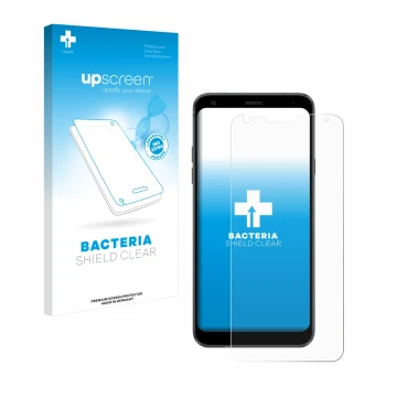Vorderseite einer Produktverpackung mit dem Markenlogo upscreen. Daneben ist das Gerät LG Q7 mit dem zugehörigen Displayschutz