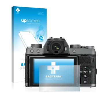 Vorderseite einer Produktverpackung mit dem Markenlogo upscreen. Daneben ist das Gerät Fujifilm X-T100 mit dem zugehörigen Dis