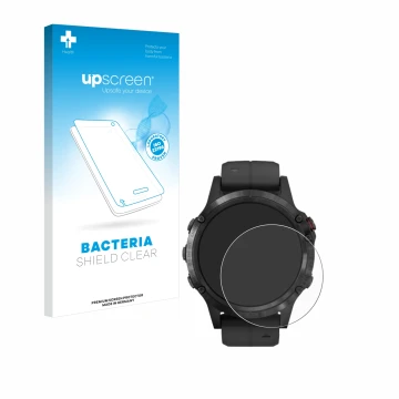 Vorderseite einer Produktverpackung mit dem Markenlogo upscreen. Daneben ist das Gerät Garmin Fenix 5 Plus (47 mm) mit dem zug