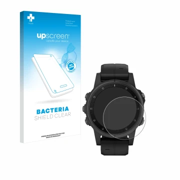 Vorderseite einer Produktverpackung mit dem Markenlogo upscreen. Daneben ist das Gerät Garmin Fenix 5S Plus (42 mm) mit dem zu