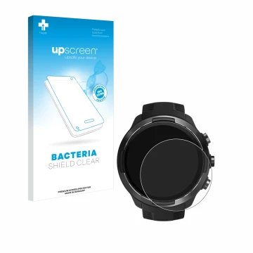 Vorderseite einer Produktverpackung mit dem Markenlogo upscreen. Daneben ist das Gerät Suunto 9 mit dem zugehörigen Displaysch