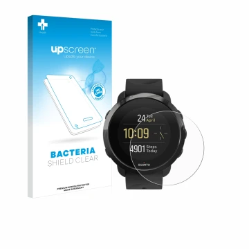 Vorderseite einer Produktverpackung mit dem Markenlogo upscreen. Daneben ist das Gerät Suunto 3 Fitness mit dem zugehörigen Di
