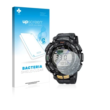 Vorderseite einer Produktverpackung mit dem Markenlogo upscreen. Daneben ist das Gerät Casio Pro Trek PRG-240-1ER mit dem zuge