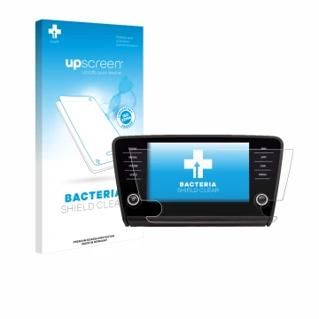 Vorderseite einer Produktverpackung mit dem Markenlogo upscreen. Daneben ist das Gerät Skoda Amundsen Superb 2018 Infotainment