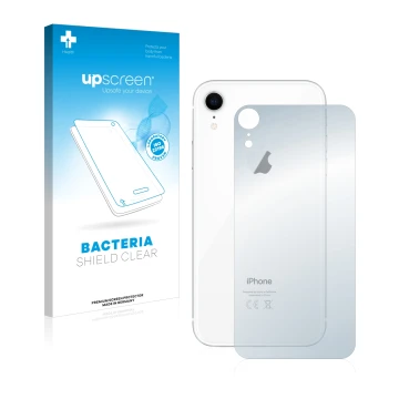 Vorderseite einer Produktverpackung mit dem Markenlogo upscreen. Daneben ist das Gerät Apple iPhone XR (Rückseite) mit dem zug