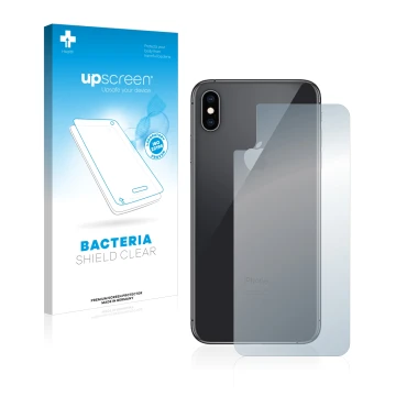 Vorderseite einer Produktverpackung mit dem Markenlogo upscreen. Daneben ist das Gerät Apple iPhone Xs Max (Rückseite) mit dem