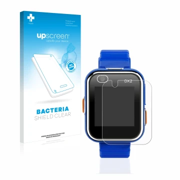 Vorderseite einer Produktverpackung mit dem Markenlogo upscreen. Daneben ist das Gerät Vtech Kidizoom Smart Watch DX2 mit dem 