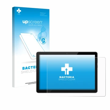 Vorderseite einer Produktverpackung mit dem Markenlogo upscreen. Daneben ist das Gerät Huawei MediaPad T5 10 mit dem zugehörig